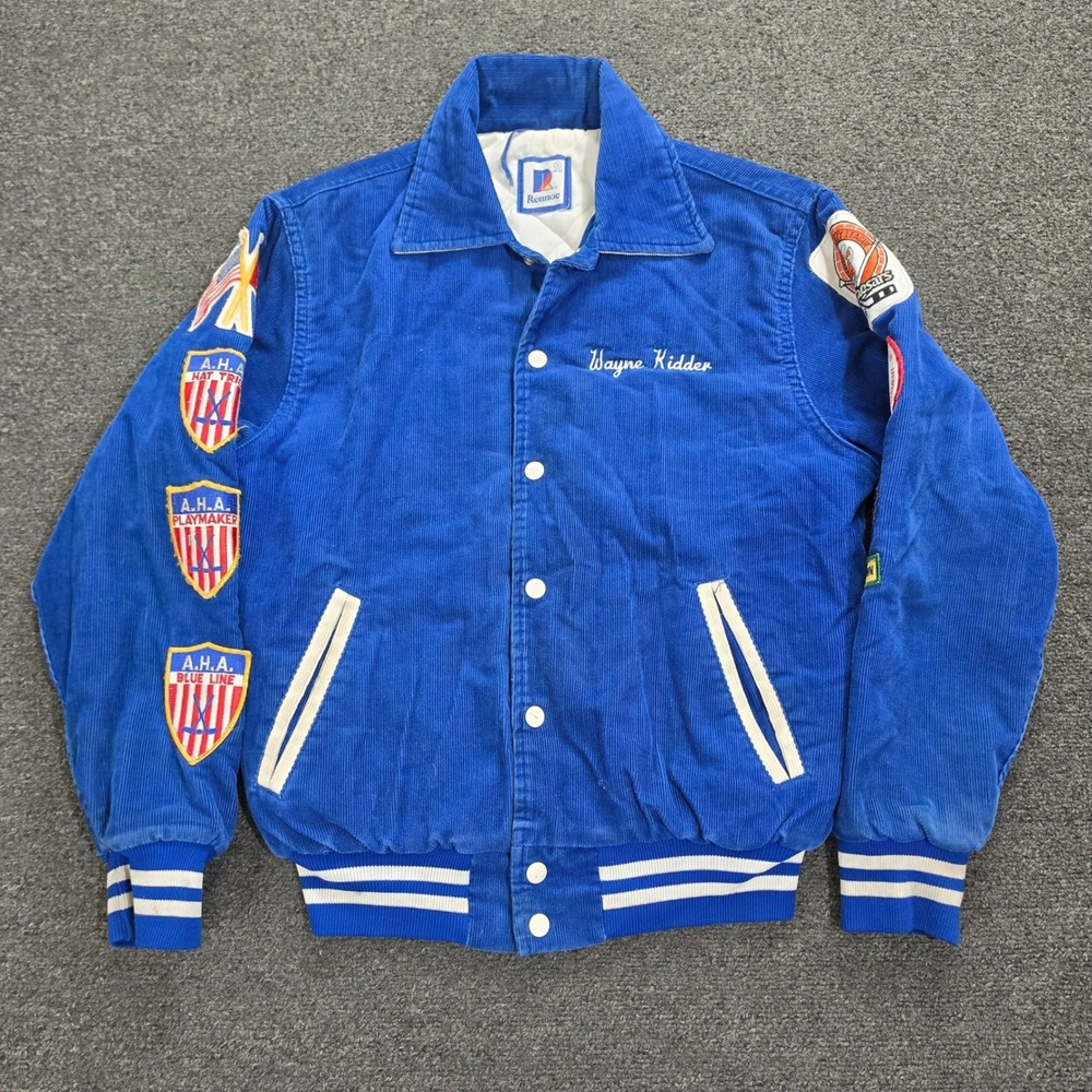Vtg Rennoc Varsity Jacket Men Small Blue USA Hockey Club Corduroy Bomber Patches